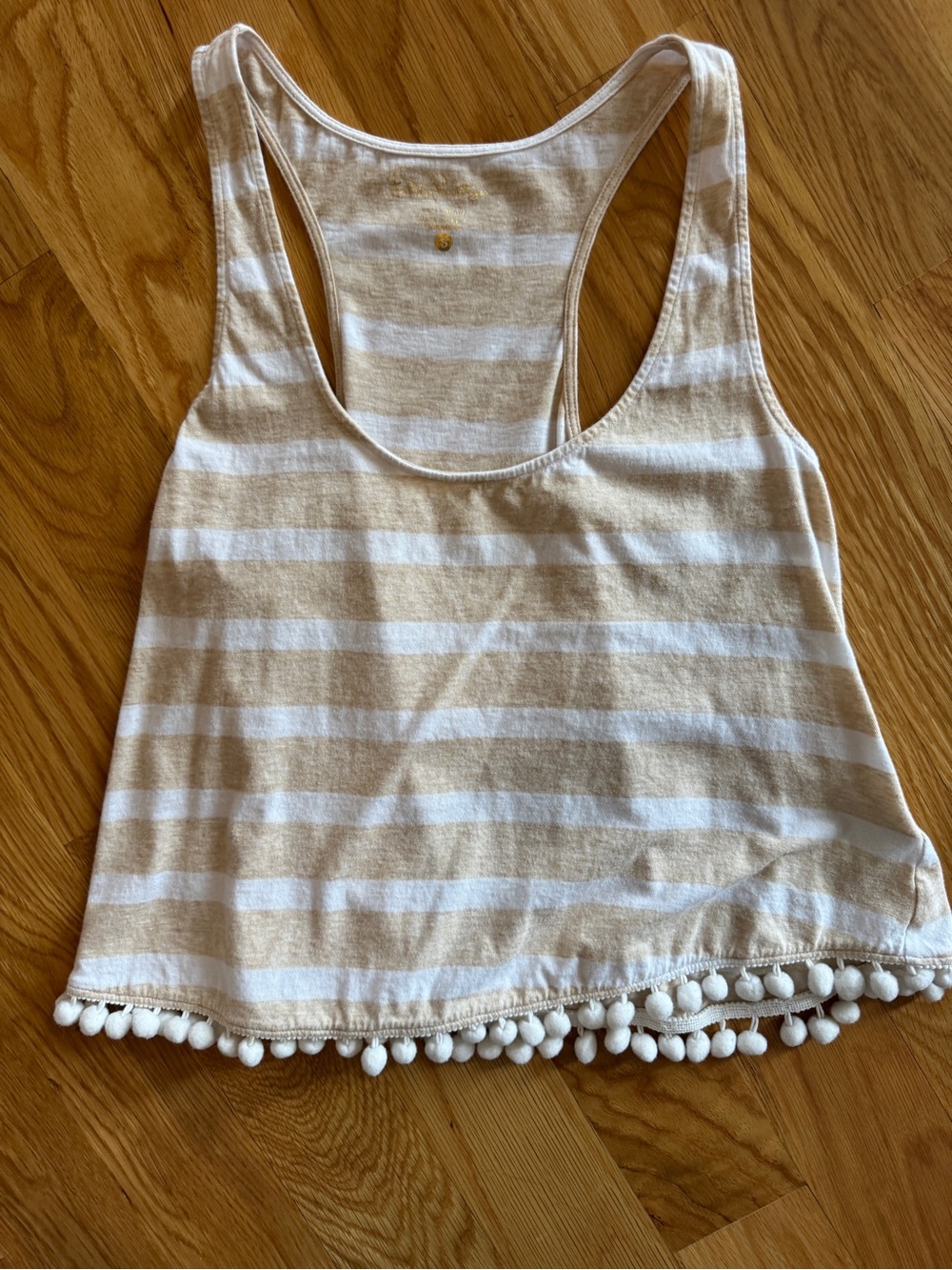Lilly Pulitzer Beige and White Shirley Striped Tank with Pom Trim; beach casual